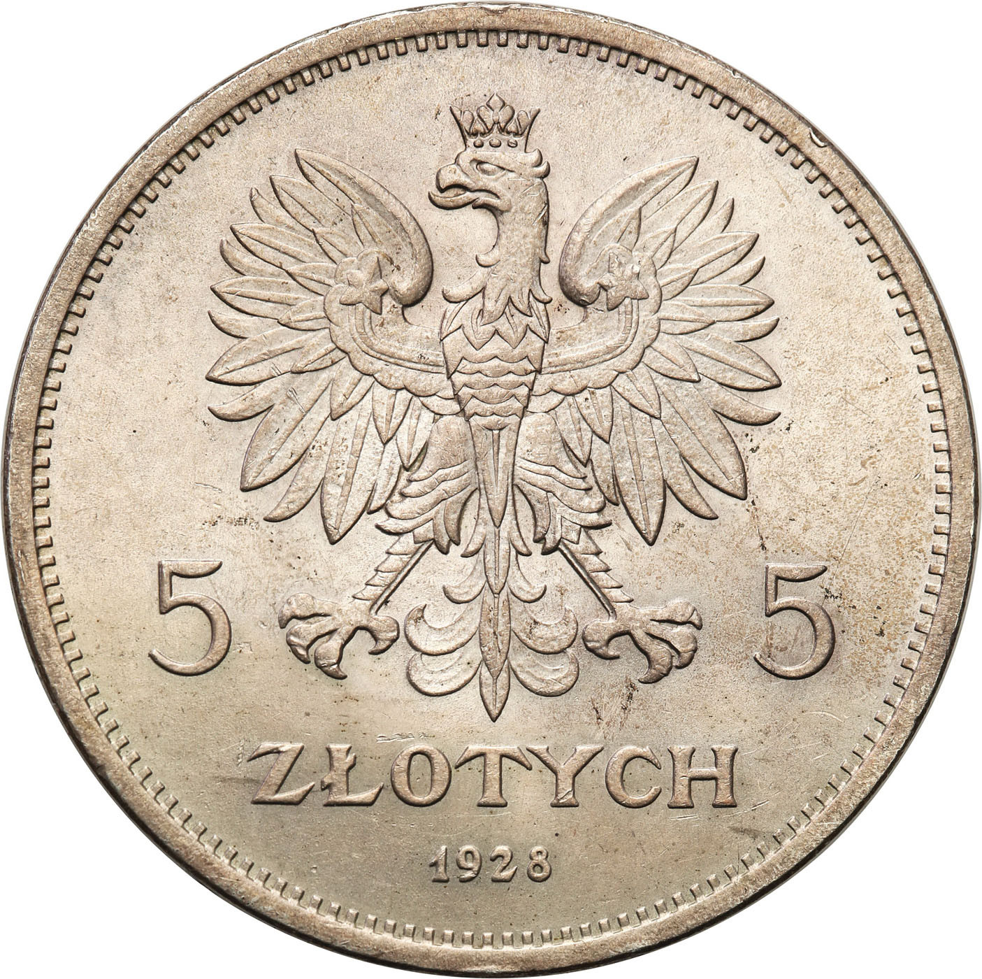 II RP. 5 złotych 1928 Nike ze znakiem mennicy - PIĘKNA